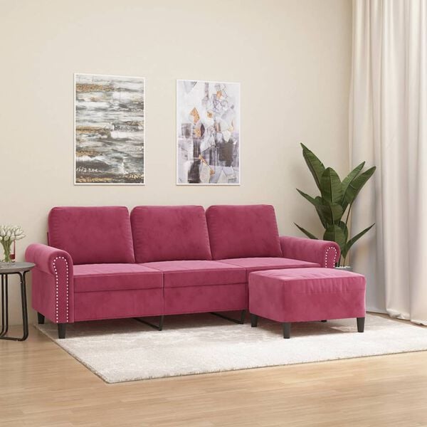 vidaXL 3-personers sofa med fodskammel 180 cm velour vinrød