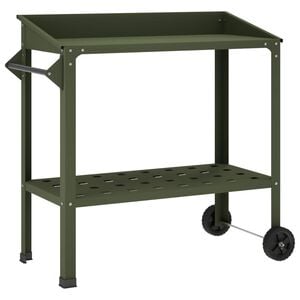 vidaXL Pottebord med hjul 96 x 50 x 89 cm Koldvalset st&aring;l Olivengr&oslash;n
