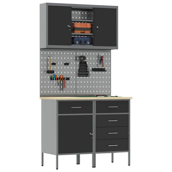 vidaXL Arbejds skab S&aelig;t med skuffe med hylde med opbevaring 5 pcs Sort