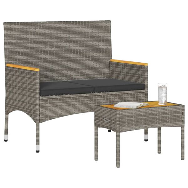 vidaXL 2-personers havebænk med hynder og bord polyrattan grå