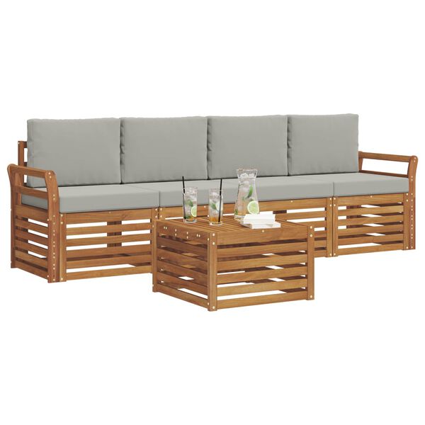 vidaXL Sofas&aelig;t med pude 5 pcs Naturlig og Lys Gr&aring; Massivt Akacietr&aelig;