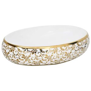 vidaXL h&aring;ndvask til bordplade 59x40x15 cm oval keramik hvid og guld