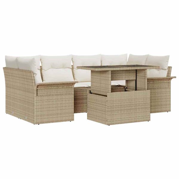 vidaXL Havesofa S&aelig;t med pude med opbevaring 7 pcs Beige Poly Rattan