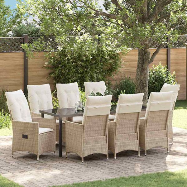 vidaXL Have Spisebordss&aelig;t med pude 9 pcs Beige polyrattan