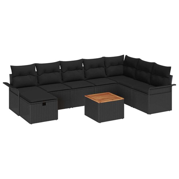 vidaXL Havesofa S&aelig;t med pude med opbevaring 9 pcs Sort polyrattan