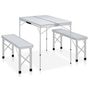 vidaXL foldbart campingbord med 2 b&aelig;nke aluminium hvid