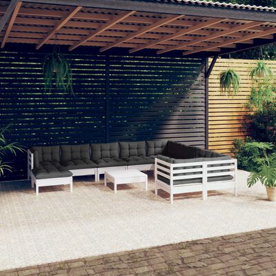 vidaXL loungesæt til haven 11 dele med hynder fyrretræ hvid