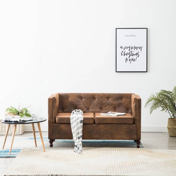 vidaXL 2-personers chesterfieldsofa stofbetr&aelig;k ruskindslook brun