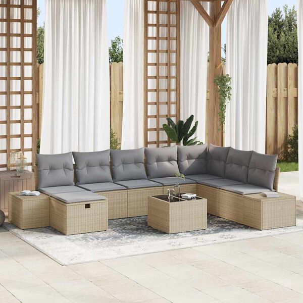 vidaXL Havesofa S&aelig;t med pude 9 pcs Beige Poly rattan