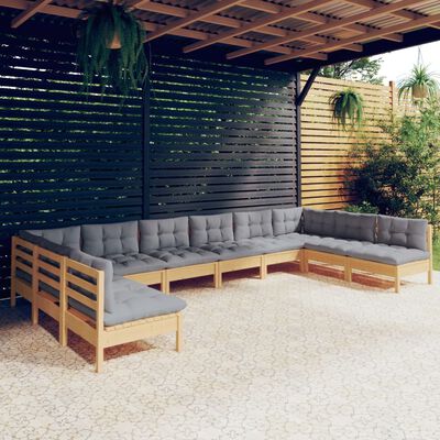 vidaXL loungesæt til haven 10 dele med grå hynder massivt fyrretræ