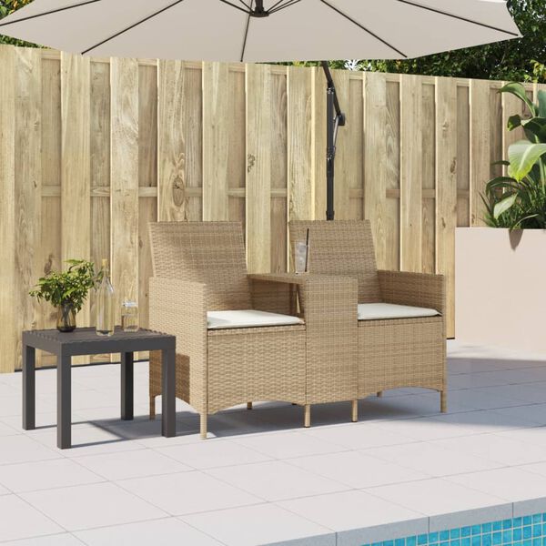 vidaXL 2-personers havesofa med bord og hynder polyrattan beige