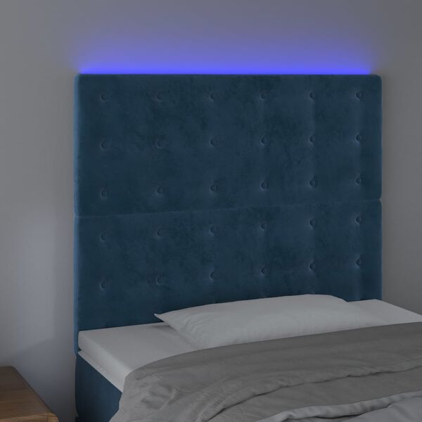 vidaXL sengegavl med LED-lys 90x5x118/128 cm fl&oslash;jl m&oslash;rkebl&aring;