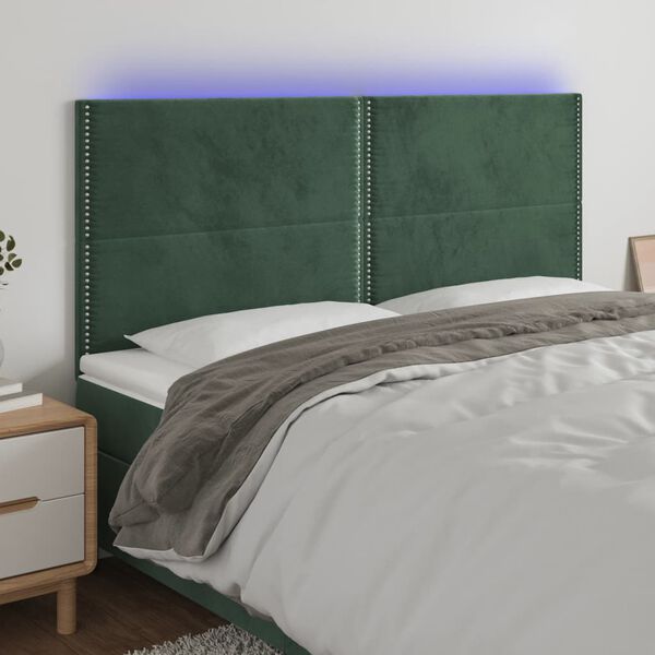 vidaXL sengegavl med LED-lys 200x5x118/128 cm fl&oslash;jl m&oslash;rkegr&oslash;n