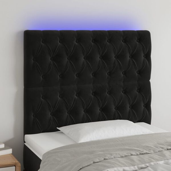 vidaXL sengegavl med LED-lys 90x7x118/128 cm fl&oslash;jl sort