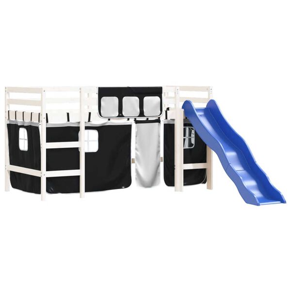 vidaXL højseng med gardiner 90x190 cm massivt fyrretræ hvid og sort