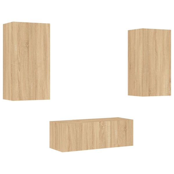 vidaXL tv-m&oslash;bel til v&aelig;g 4 dele med LED-lys konstrueret tr&aelig; sonoma-eg