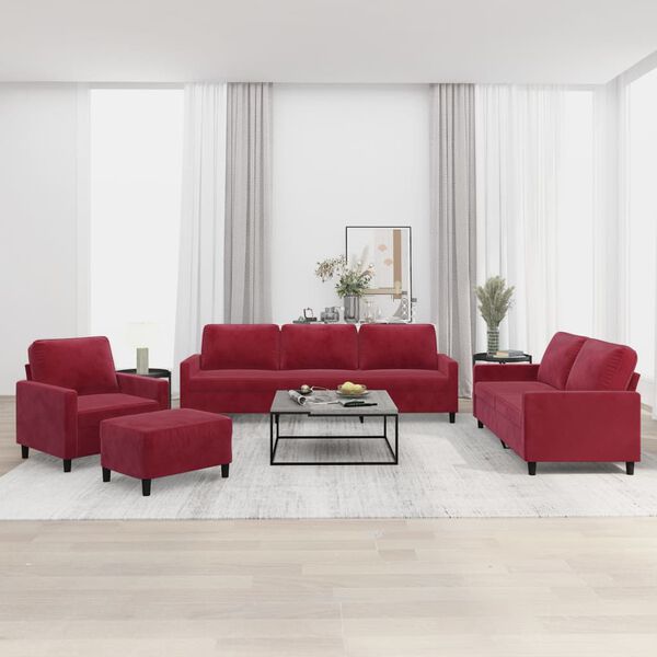 vidaXL sofas&aelig;t 4 dele med hynder velour vinr&oslash;d