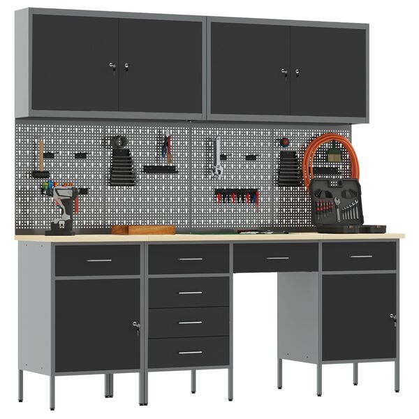 vidaXL Arbejdsbænk med skuffe 10 pcs Sort 200 x 55 x 200 cm Stål