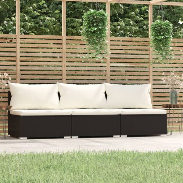 vidaXL 3-personers sofa med hynder polyrattan sort