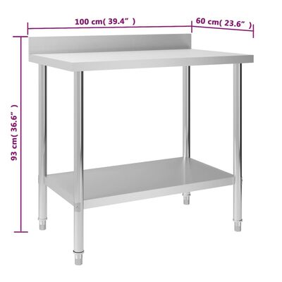 vidaXL arbejdsbord til køkken m. stænkplade 100x60x93 cm rustfrit stål