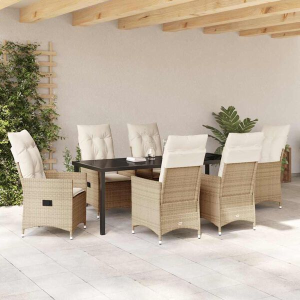 vidaXL Have Spisebordss&aelig;t med pude 7 pcs Beige polyrattan