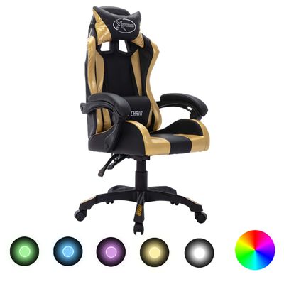 vidaXL gamingstol m. LED-lys RGB-farver kunstlæder guldfarvet og sort