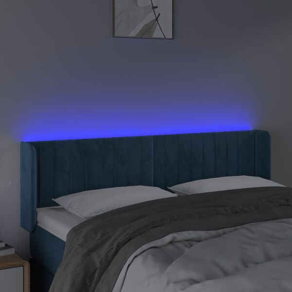 vidaXL sengegavl med LED-lys 147x16x78/88 cm fl&oslash;jl m&oslash;rkebl&aring;