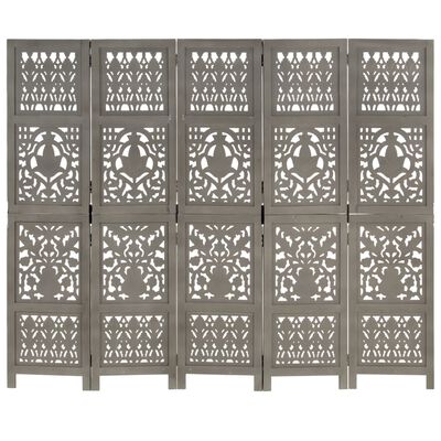 vidaXL 5-panels rumdeler håndskåret 200 x 165 cm massivt mangotræ grå