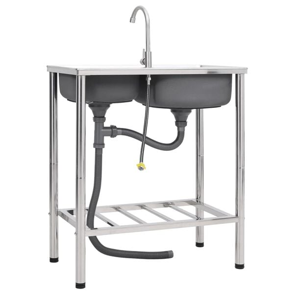 vidaXL campingvask med hane dobbeltvask rustfrit st&aring;l