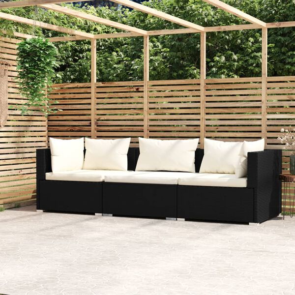 vidaXL 3-personers sofa med hynder polyrattan sort