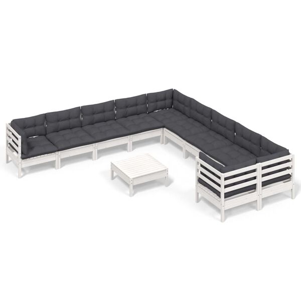 vidaXL loungesæt til haven 11 dele med hynder fyrretræ hvid