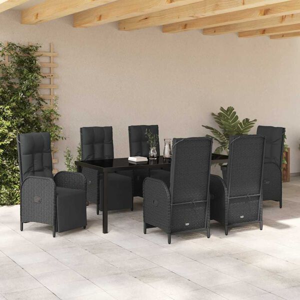 vidaXL Have Spisebordss&aelig;t med pude 7 pcs Sort polyrattan