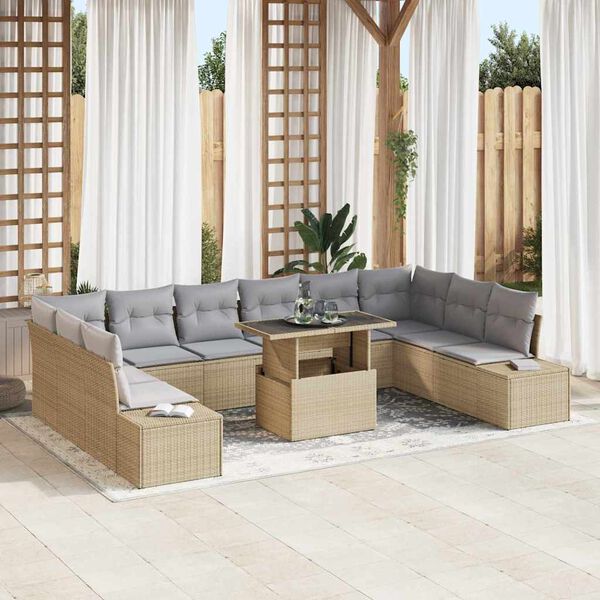 vidaXL Havesofa Sæt med opbevaring 11 pcs Beige Poly rattan