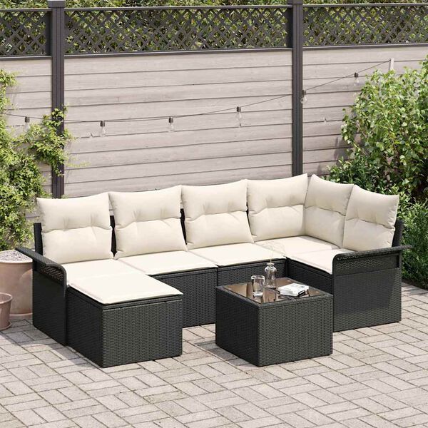 vidaXL Havesofa Sæt med pude 7 pcs Sort polyrattan