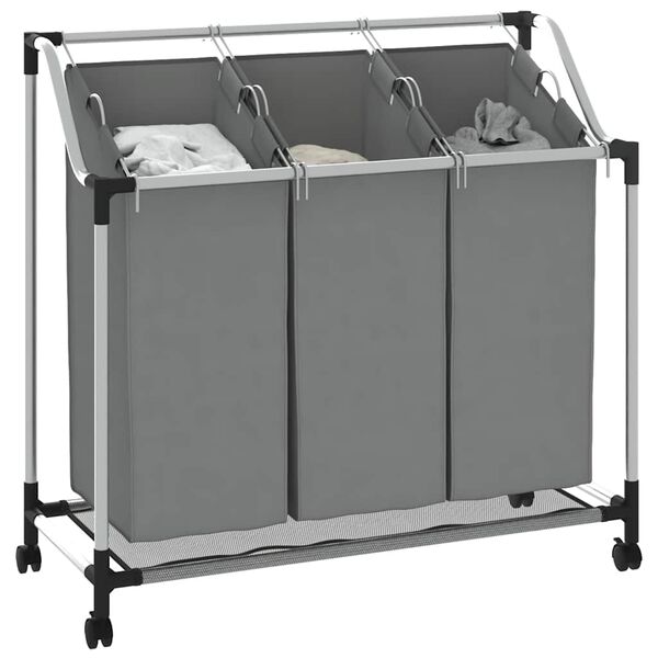vidaXL vasketøjskurv med hjul 3 rum grå