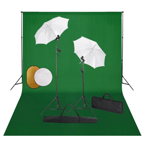 vidaXL fotostudieudstyr med lamper, paraplyer, baggrund og reflektor