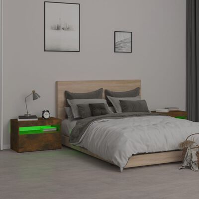 vidaXL sengeborde 2 stk. med LED-lys 60x35x40 cm røget egetræsfarve