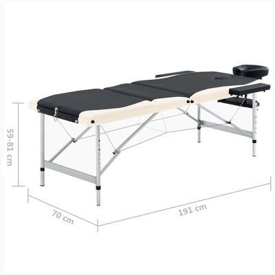 vidaXL sammenfoldeligt massagebord aluminiumsstel 3 zoner sort beige