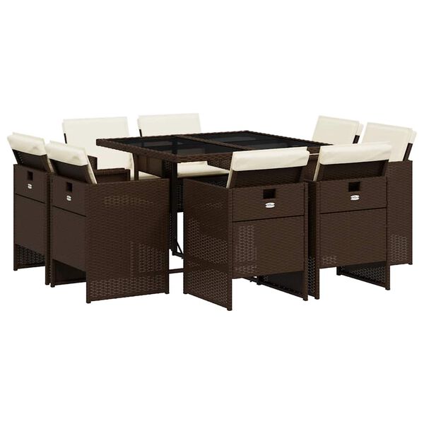 vidaXL spisebordss&aelig;t til haven 9 dele med hynder polyrattan brun