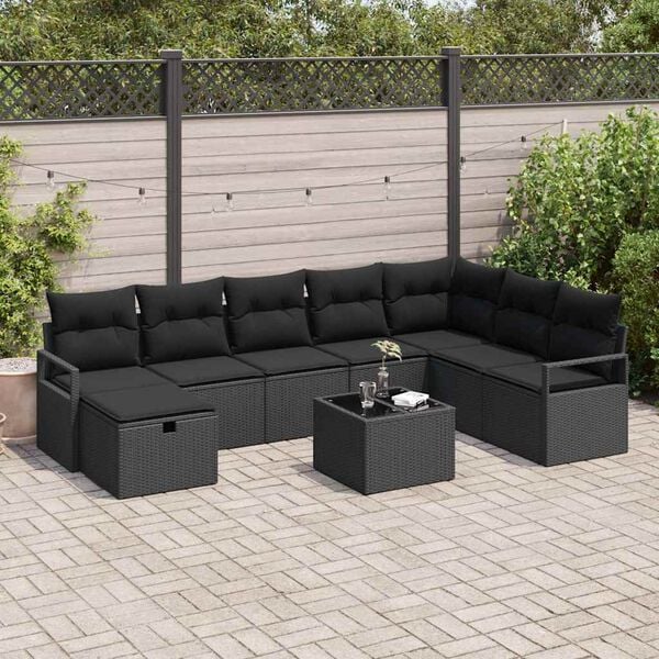 vidaXL Sofa S&aelig;t med pude med opbevaring 9 pcs Sort polyrattan