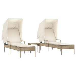 vidaXL liggestole 2 stk. med baldakiner og bord polyrattan beige