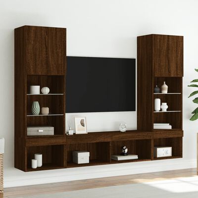 vidaXL tv-møbel til væg 5 dele med LED-lys konstrueret træ brunt eg