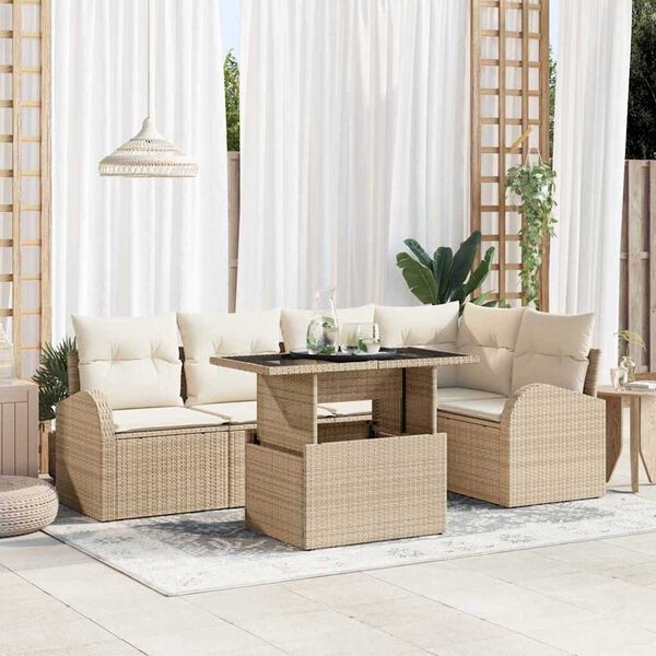 vidaXL Havesofa S&aelig;t med pude med opbevaring 6 pcs Beige Poly rattan
