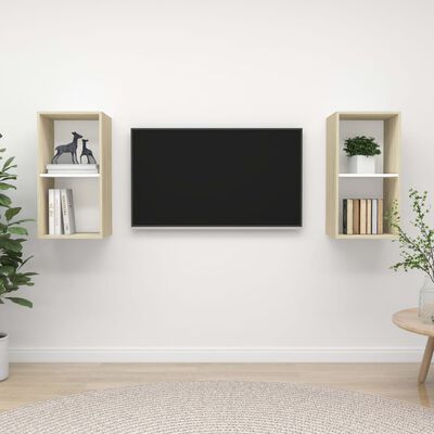vidaXL vægmonterede tv-skabe 2 stk. konstrueret træ hvid og sonoma-eg