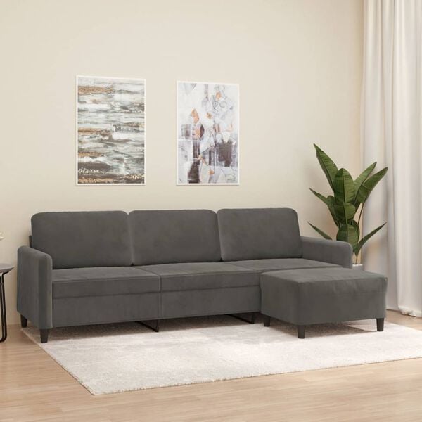 vidaXL 3-personers sofa med fodskammel 210 cm velour M&oslash;rkegr&aring;