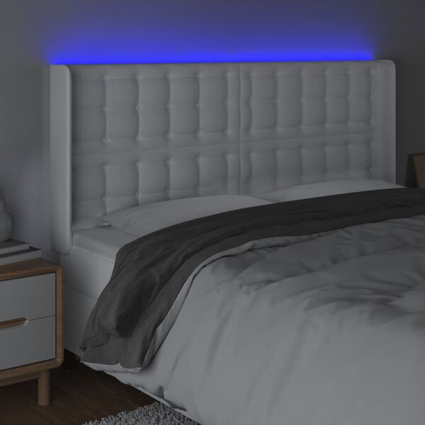 vidaXL sengegavl med LED-lys 147x16x118/128 cm kunstl&aelig;der hvid