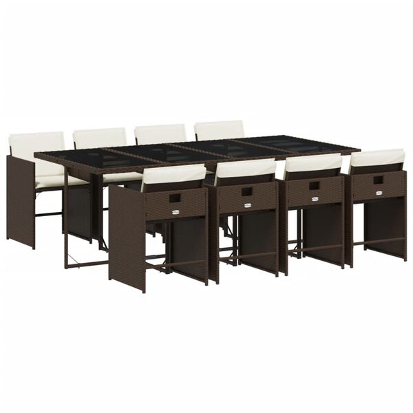vidaXL spisebordss&aelig;t til haven 9 dele med hynder polyrattan brun