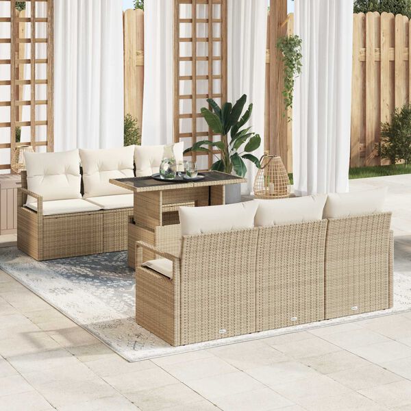 vidaXL Havesofa Sæt med opbevaring med pude 7 pcs Beige polyrattan