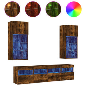 vidaXL tv-m&oslash;bel til v&aelig;g 5 dele med LED-lys konstrueret tr&aelig; r&oslash;get eg