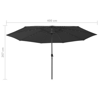 vidaXL parasol m. LED-lys + metalstang 400 cm sort